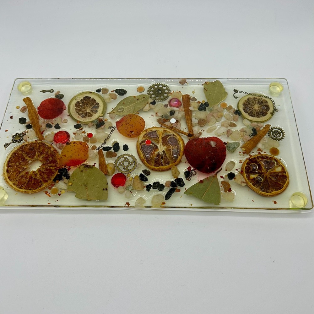 Vintage Resin Embedded Dried Fruit Flowers Cutting Board Kitsch Granny Core 12x6